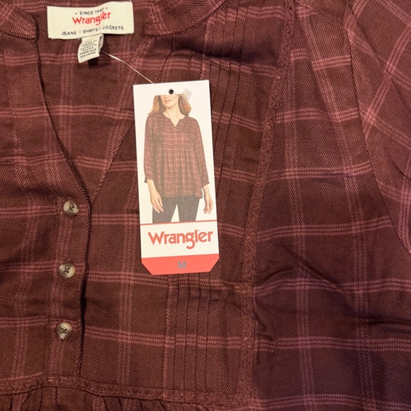 Wrangler Plaid Peasant Blouse Brown Size M NWT - Picture 4 of 13
